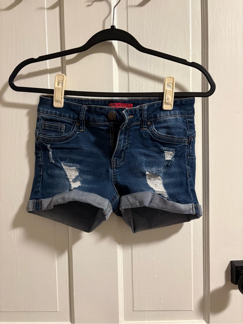 Wax Jean Booty Enhancing Dark Blue Distressed Cuffed Denim Shorts